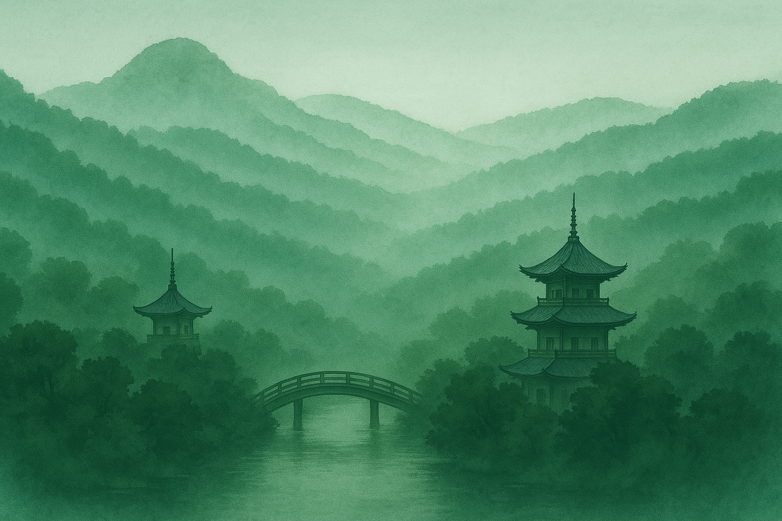 Serene green landscape with mountains and pagodas